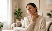 Mujer sujetándose la garganta con gesto de dolor, imagen relacionada con la diferencia entre faringitis y amigdalitis y sus síntomas más frecuentes