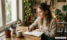 Mujer joven escribiendo a mano en un bullet journal para la salud mental sobre una mesa de madera, con plantas y libros al fondo y luz natural de ventana.