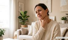 Mujer sujetándose la garganta con gesto de dolor, imagen relacionada con la diferencia entre faringitis y amigdalitis y sus síntomas más frecuentes