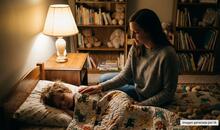 Madre sentada junto a la cama de su hijo dormido, con la mano apoyada sobre la manta, iluminada por la luz cálida de una lámpara de mesita para evitar terrores nocturnos